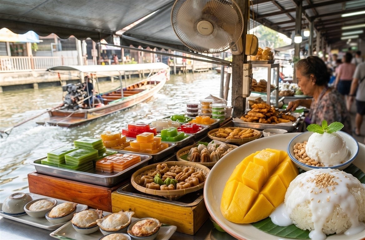 Mango sticky rice and coconut desserts